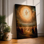 A classical religious painting depicting the Assumption of Mary, showing the Virgin Mary ascending into a radiant cloud surrounded by a crowd of worshippers below, rendered in a traditional style with warm, glowing light emphasizing the divine event.