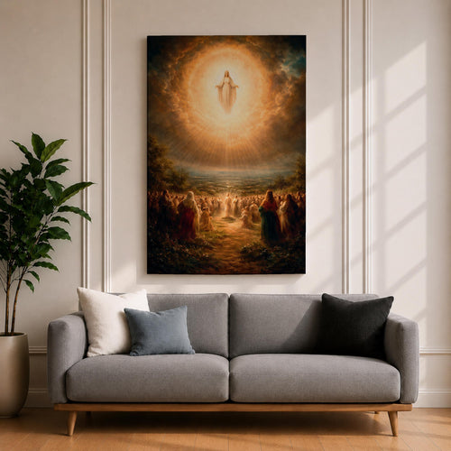 A classical religious painting depicting the Assumption of Mary, showing the Virgin Mary ascending into a radiant cloud surrounded by a crowd of worshippers below, rendered in a traditional style with warm, glowing light emphasizing the divine event.