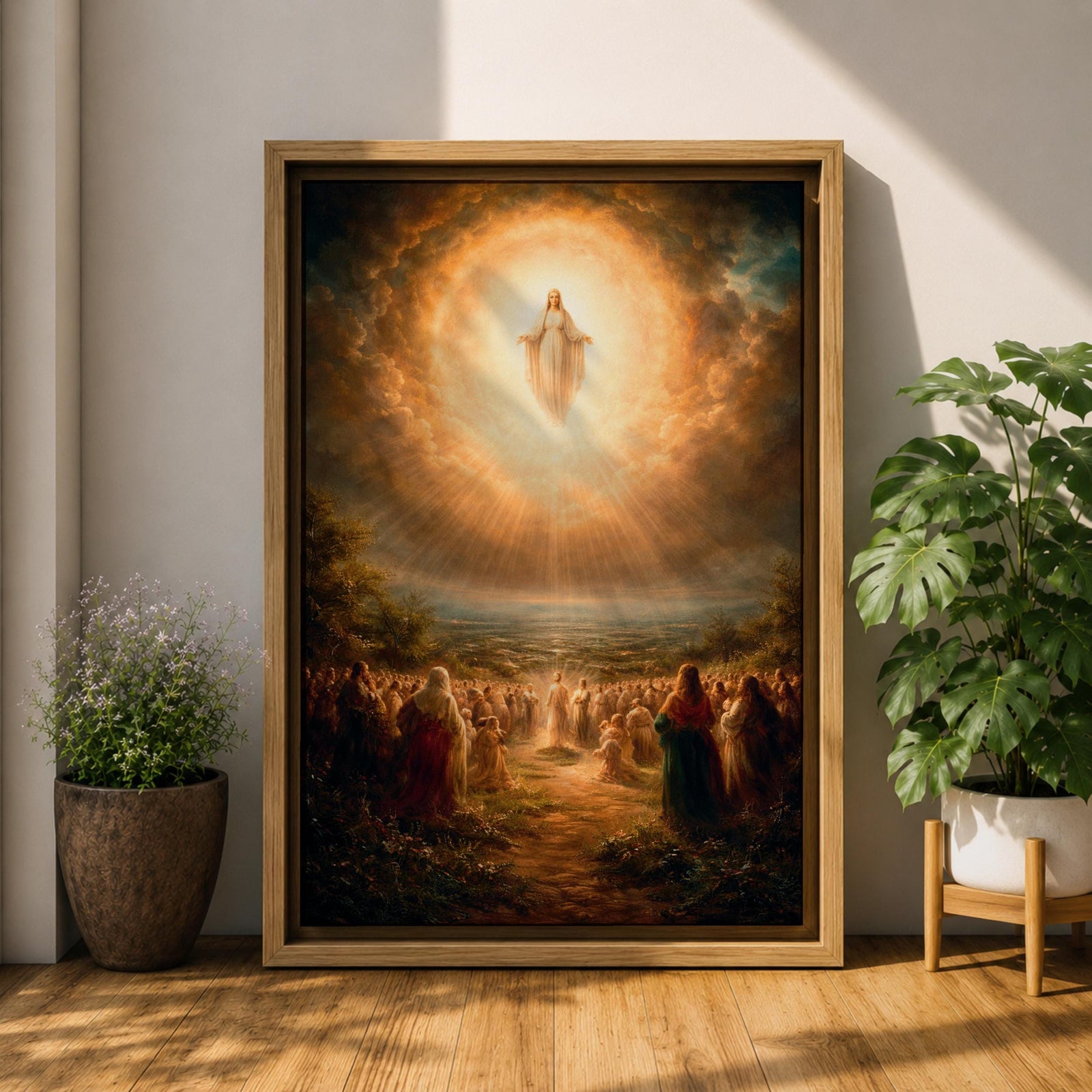 A classical religious painting depicting the Assumption of Mary, showing the Virgin Mary ascending into a radiant cloud surrounded by a crowd of worshippers below, rendered in a traditional style with warm, glowing light emphasizing the divine event.