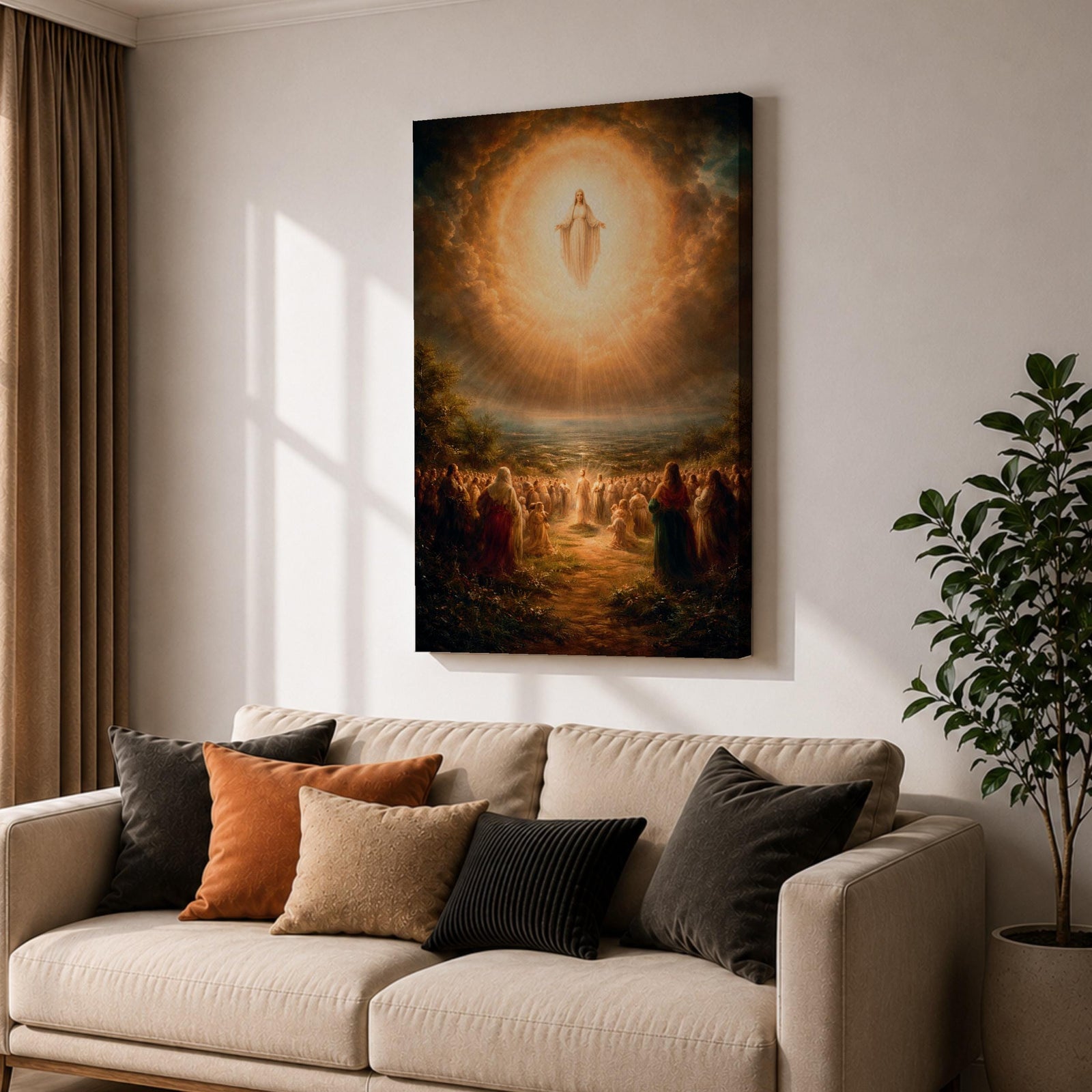 A classical religious painting depicting the Assumption of Mary, showing the Virgin Mary ascending into a radiant cloud surrounded by a crowd of worshippers below, rendered in a traditional style with warm, glowing light emphasizing the divine event.