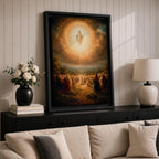A classical religious painting depicting the Assumption of Mary, showing the Virgin Mary ascending into a radiant cloud surrounded by a crowd of worshippers below, rendered in a traditional style with warm, glowing light emphasizing the divine event.