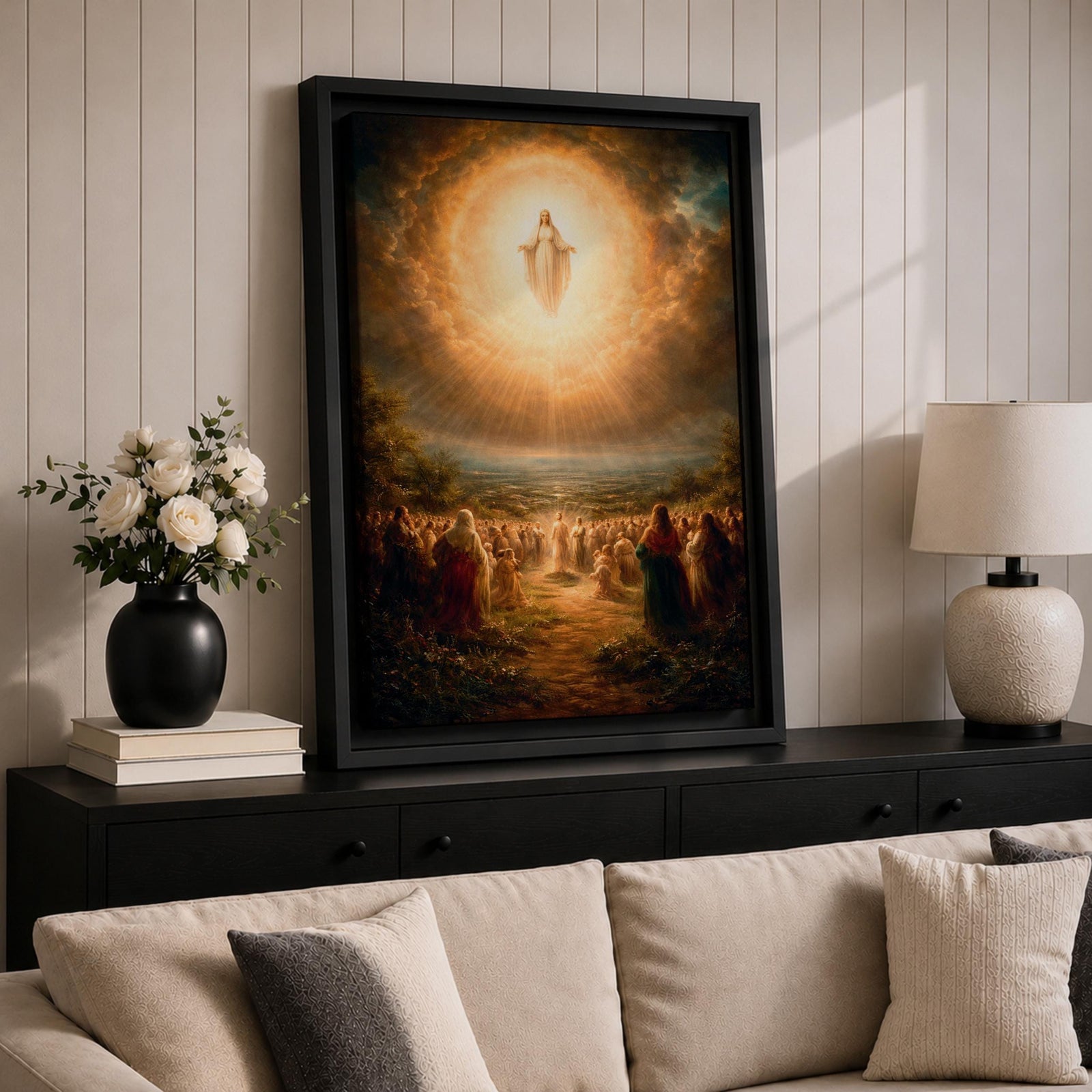 A classical religious painting depicting the Assumption of Mary, showing the Virgin Mary ascending into a radiant cloud surrounded by a crowd of worshippers below, rendered in a traditional style with warm, glowing light emphasizing the divine event.