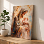 A framed canvas painting depicting Madonna and Child, showing the Virgin Mary tenderly holding baby Jesus. The artwork features soft brush strokes and warm tones, emphasizing the loving bond between mother and child in a classical religious style.