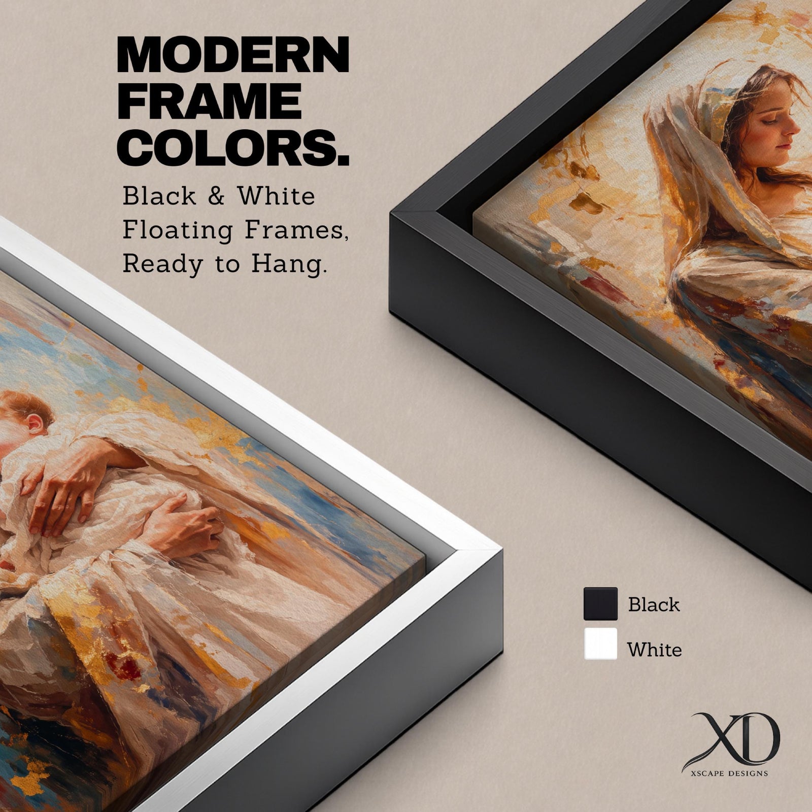 A framed canvas painting depicting Madonna and Child, showing the Virgin Mary tenderly holding baby Jesus. The artwork features soft brush strokes and warm tones, emphasizing the loving bond between mother and child in a classical religious style.