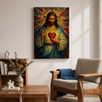 A vibrant mosaic-style stained glass artwork depicting the Sacred Heart of Jesus with radiant beams emanating from a glowing heart at the center. The figure is shown with long hair and a beard, wearing traditional robes, holding a heart symbolizing love and compassion, rendered in intricate colored glass tiles.