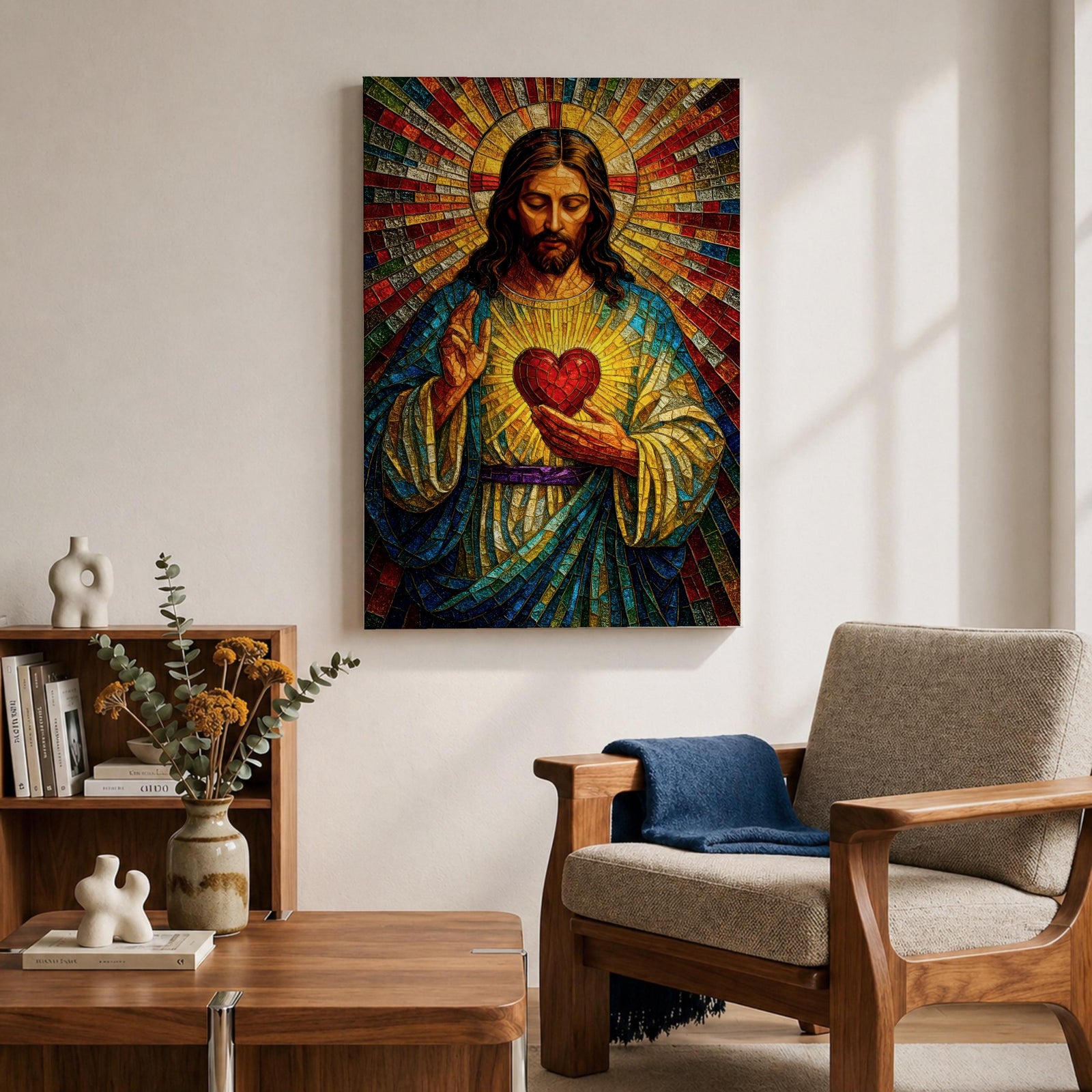 A vibrant mosaic-style stained glass artwork depicting the Sacred Heart of Jesus with radiant beams emanating from a glowing heart at the center. The figure is shown with long hair and a beard, wearing traditional robes, holding a heart symbolizing love and compassion, rendered in intricate colored glass tiles.