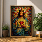 A vibrant mosaic-style stained glass artwork depicting the Sacred Heart of Jesus with radiant beams emanating from a glowing heart at the center. The figure is shown with long hair and a beard, wearing traditional robes, holding a heart symbolizing love and compassion, rendered in intricate colored glass tiles.