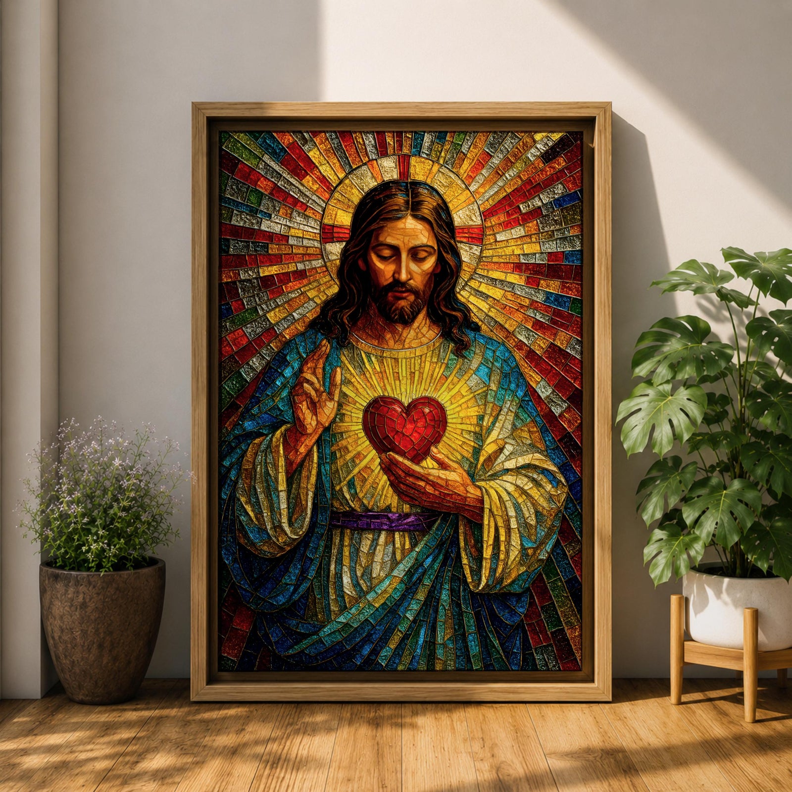 A vibrant mosaic-style stained glass artwork depicting the Sacred Heart of Jesus with radiant beams emanating from a glowing heart at the center. The figure is shown with long hair and a beard, wearing traditional robes, holding a heart symbolizing love and compassion, rendered in intricate colored glass tiles.