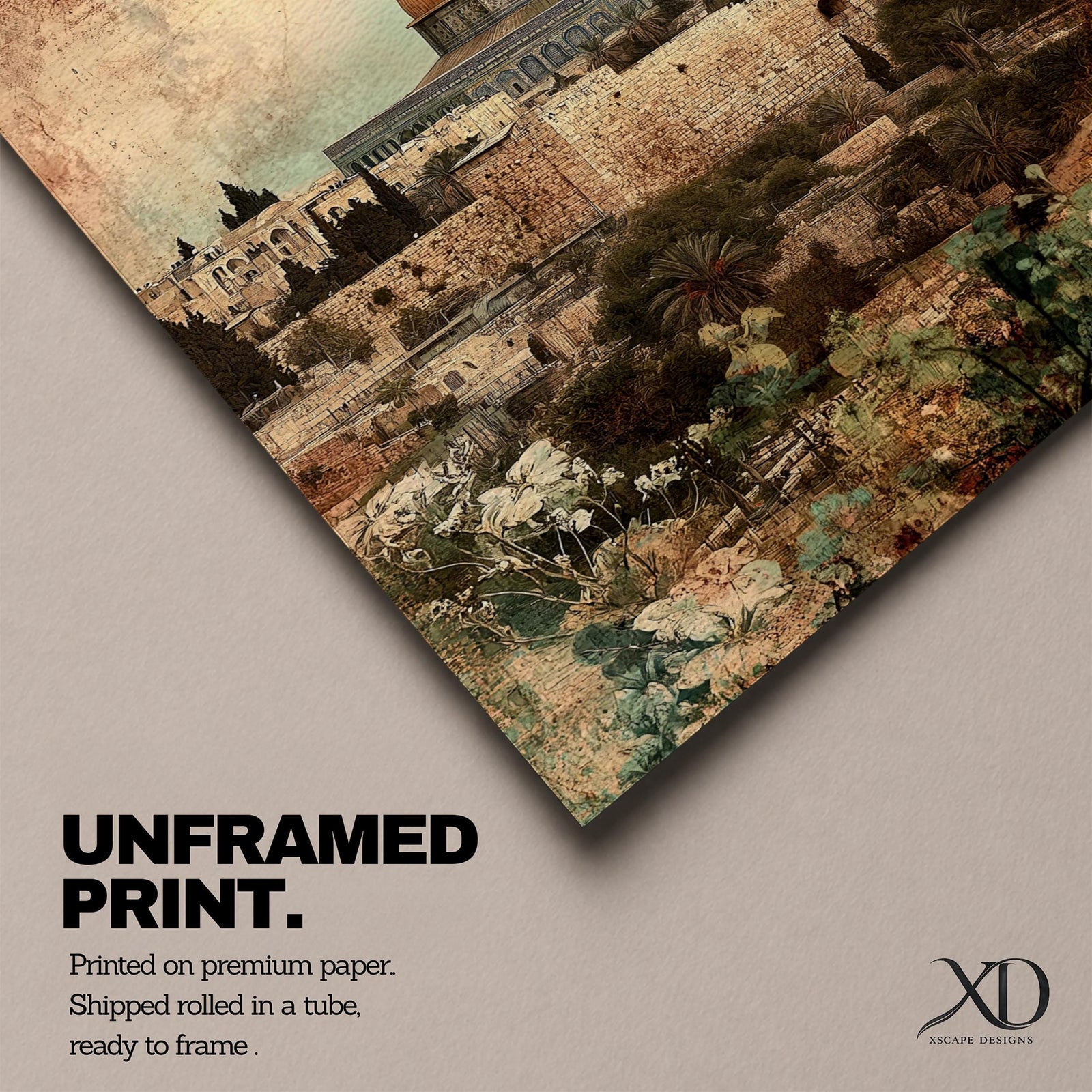 Vintage-style artwork depicting Masjid Al Aqsa and the golden Dome of the Rock rising above the stone walls of Jerusalem’s Old City, surrounded by historic architecture and greenery, rendered with warm aged textures and a softly weathered sky that gives the sacred Islamic landmark a timeless, antique character.