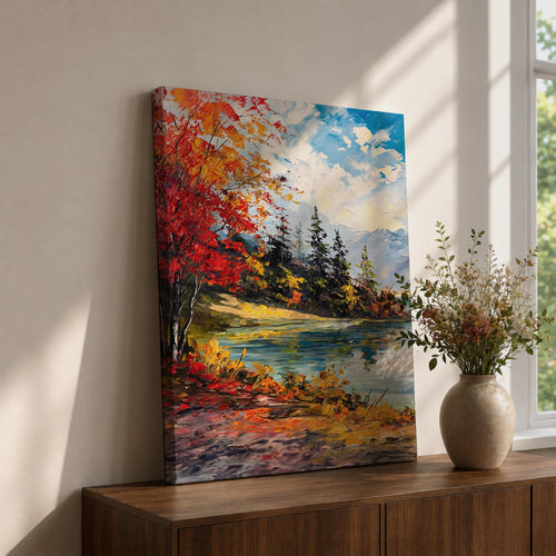 A vibrant impasto painting depicting an autumn lake scene with colorful red and orange foliage on the shore, evergreen trees, and distant mountains under a partly cloudy blue sky, rendered with thick textured brushstrokes creating a rich, dynamic landscape composition.