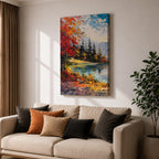 A vibrant impasto painting depicting an autumn lake scene with colorful red and orange foliage on the shore, evergreen trees, and distant mountains under a partly cloudy blue sky, rendered with thick textured brushstrokes creating a rich, dynamic landscape composition.