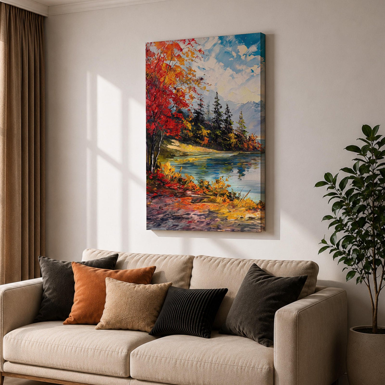 A vibrant impasto painting depicting an autumn lake scene with colorful red and orange foliage on the shore, evergreen trees, and distant mountains under a partly cloudy blue sky, rendered with thick textured brushstrokes creating a rich, dynamic landscape composition.