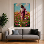 Painting of Jesus Christ walking through a field of blooming wildflowers with arms gently extended while wearing flowing robes and a soft halo behind his head. The scene shows Christ moving among colorful blossoms beneath a bright sky, rendered with expressive painterly brushstrokes that emphasize a peaceful pastoral setting.