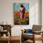 Painting of Jesus Christ walking through a field of blooming wildflowers with arms gently extended while wearing flowing robes and a soft halo behind his head. The scene shows Christ moving among colorful blossoms beneath a bright sky, rendered with expressive painterly brushstrokes that emphasize a peaceful pastoral setting.