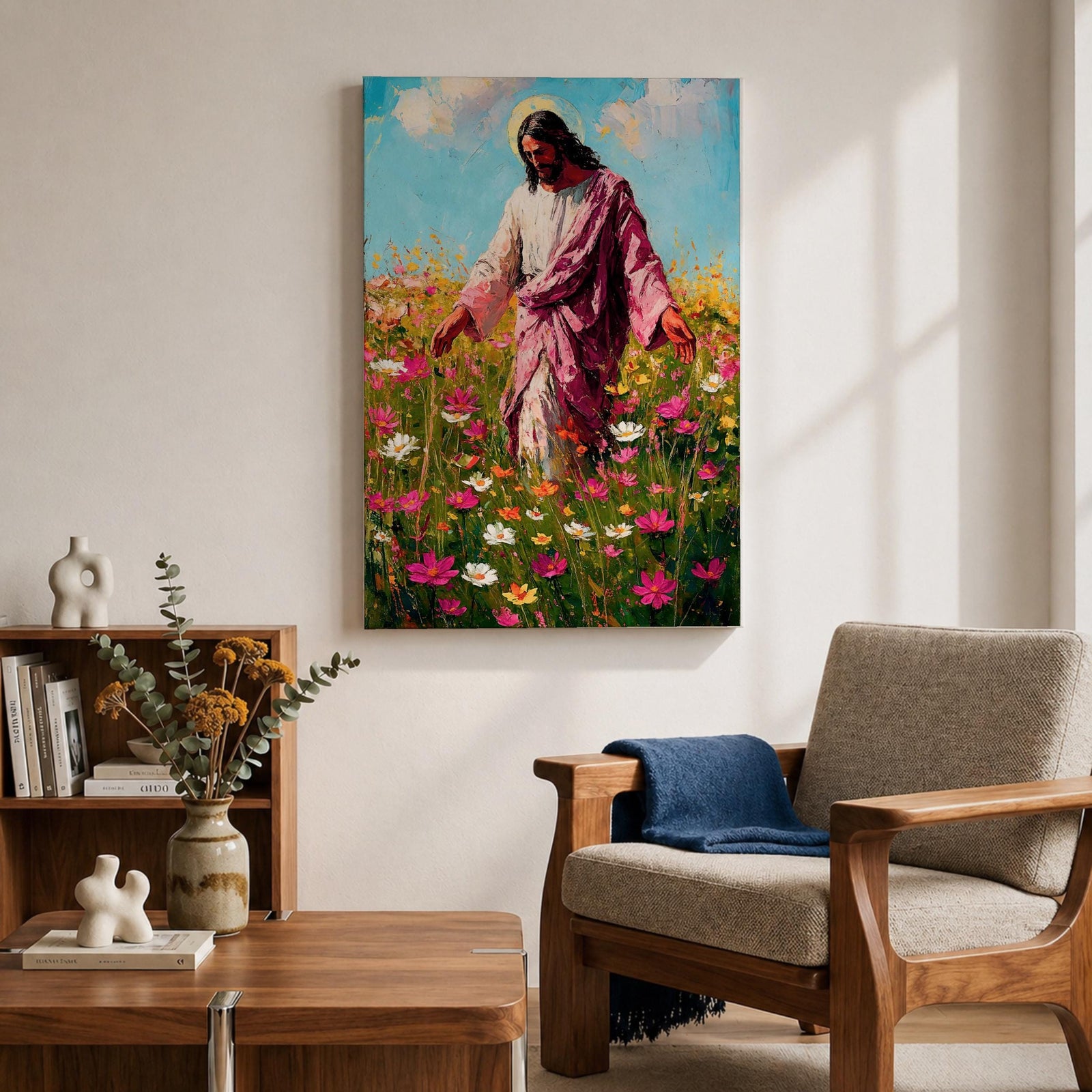 Painting of Jesus Christ walking through a field of blooming wildflowers with arms gently extended while wearing flowing robes and a soft halo behind his head. The scene shows Christ moving among colorful blossoms beneath a bright sky, rendered with expressive painterly brushstrokes that emphasize a peaceful pastoral setting.