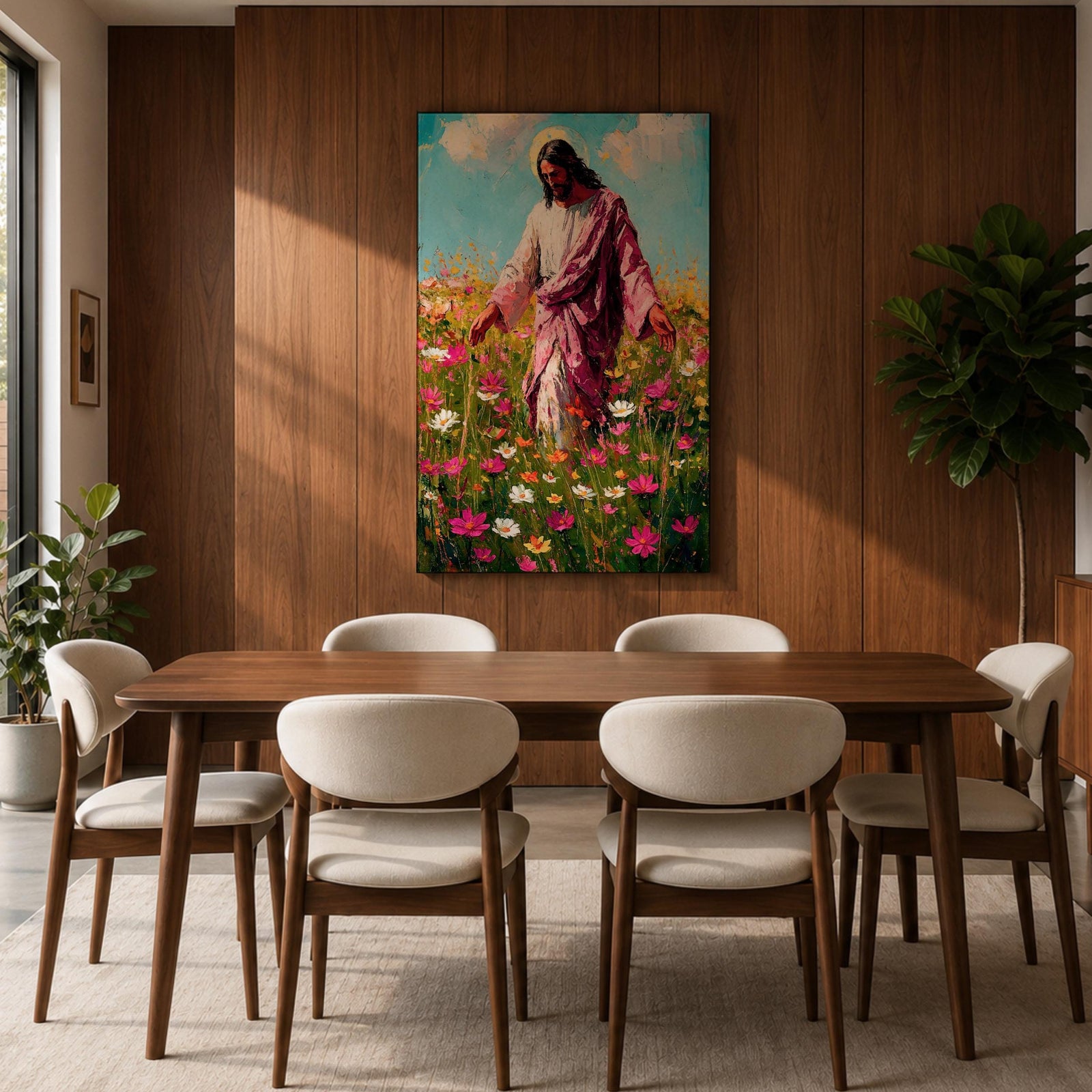 Painting of Jesus Christ walking through a field of blooming wildflowers with arms gently extended while wearing flowing robes and a soft halo behind his head. The scene shows Christ moving among colorful blossoms beneath a bright sky, rendered with expressive painterly brushstrokes that emphasize a peaceful pastoral setting.