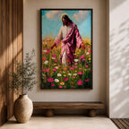Painting of Jesus Christ walking through a field of blooming wildflowers with arms gently extended while wearing flowing robes and a soft halo behind his head. The scene shows Christ moving among colorful blossoms beneath a bright sky, rendered with expressive painterly brushstrokes that emphasize a peaceful pastoral setting.
