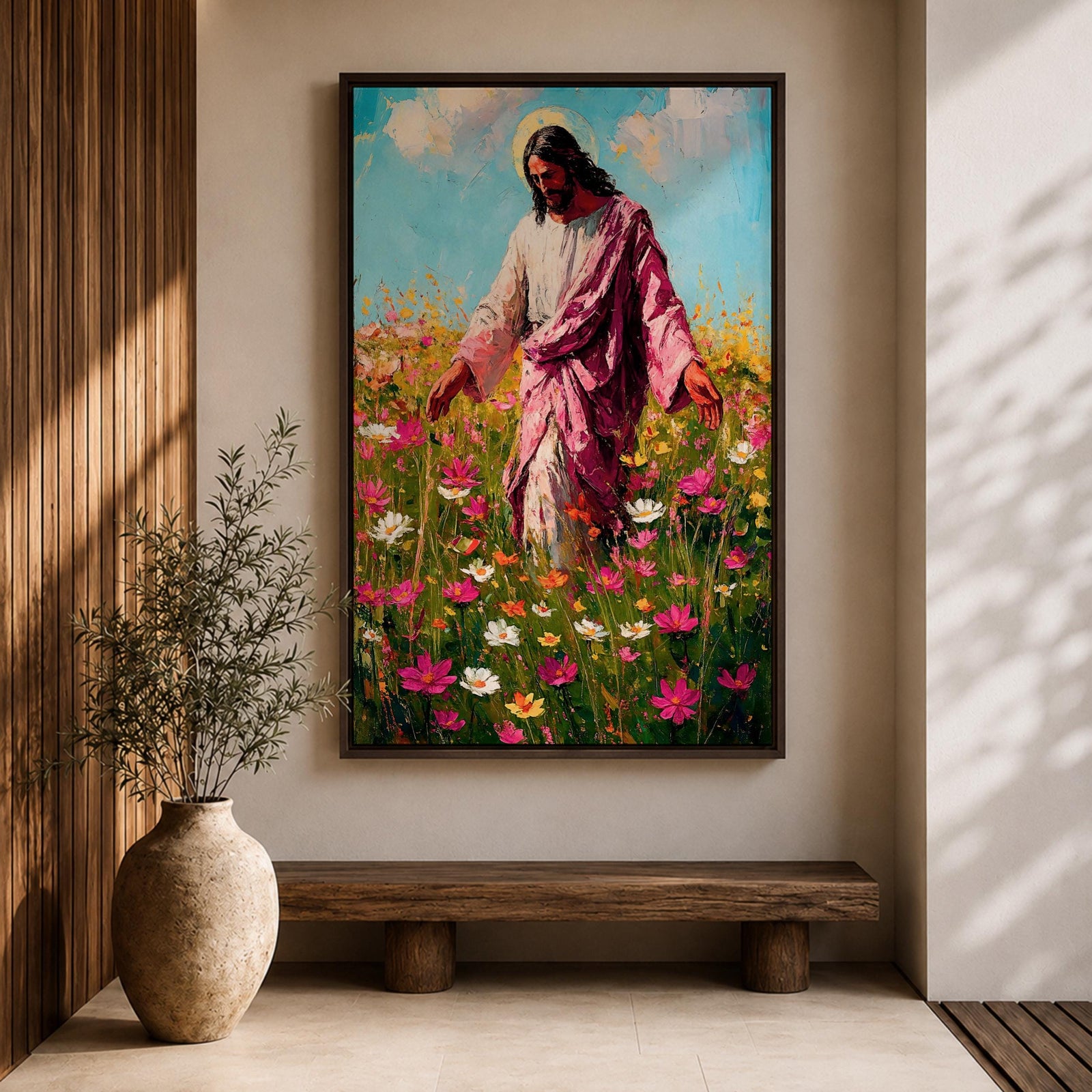 Painting of Jesus Christ walking through a field of blooming wildflowers with arms gently extended while wearing flowing robes and a soft halo behind his head. The scene shows Christ moving among colorful blossoms beneath a bright sky, rendered with expressive painterly brushstrokes that emphasize a peaceful pastoral setting.