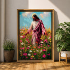 Painting of Jesus Christ walking through a field of blooming wildflowers with arms gently extended while wearing flowing robes and a soft halo behind his head. The scene shows Christ moving among colorful blossoms beneath a bright sky, rendered with expressive painterly brushstrokes that emphasize a peaceful pastoral setting.