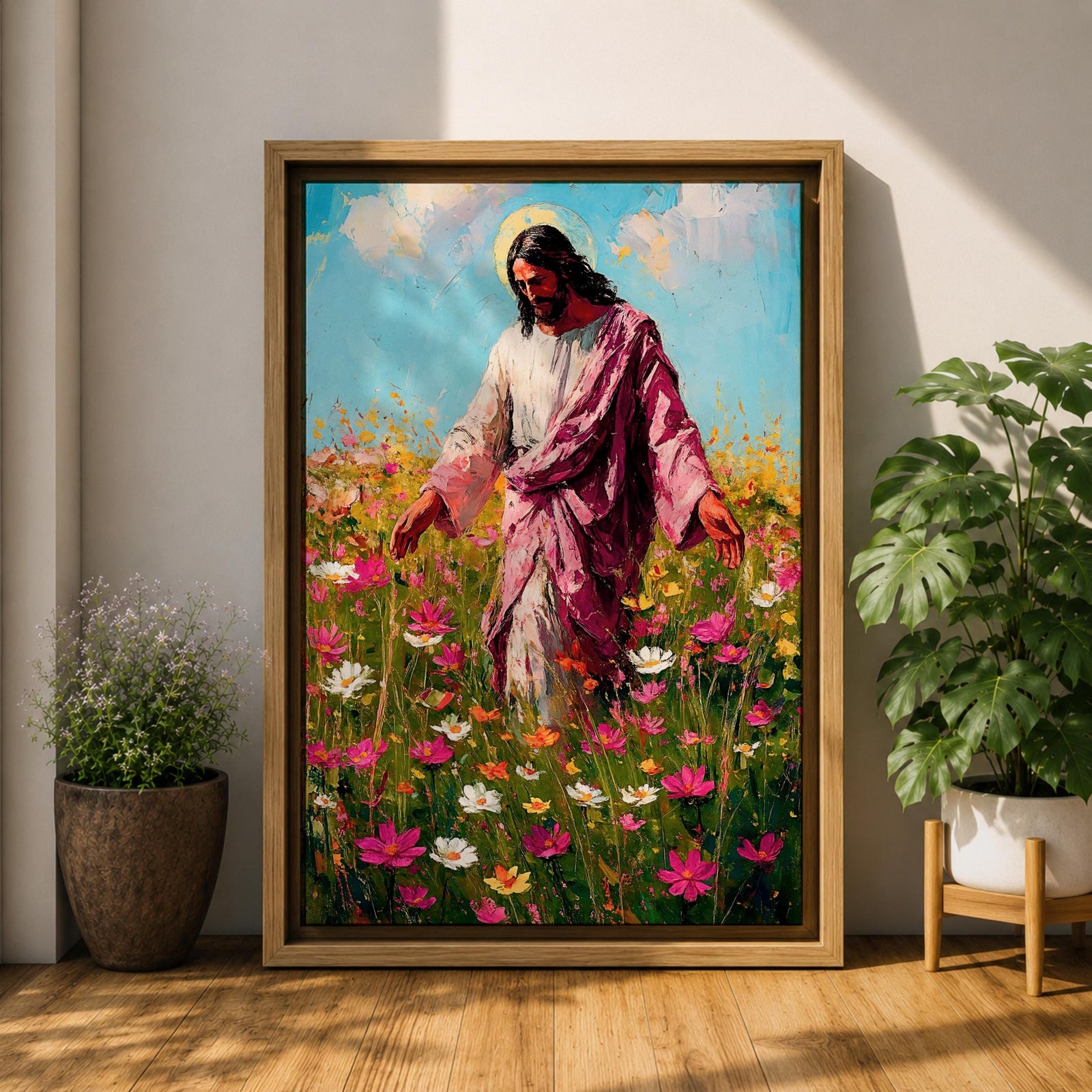 Painting of Jesus Christ walking through a field of blooming wildflowers with arms gently extended while wearing flowing robes and a soft halo behind his head. The scene shows Christ moving among colorful blossoms beneath a bright sky, rendered with expressive painterly brushstrokes that emphasize a peaceful pastoral setting.