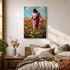 Painting of Jesus Christ walking through a field of blooming wildflowers with arms gently extended while wearing flowing robes and a soft halo behind his head. The scene shows Christ moving among colorful blossoms beneath a bright sky, rendered with expressive painterly brushstrokes that emphasize a peaceful pastoral setting.