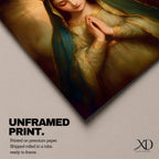 Painting of the Virgin Mary crowned as Queen of Heaven with a radiant golden crown and halo, shown with eyes closed and hands gently folded in prayer. She wears a long veil and flowing robe while soft classical brushwork and a glowing background emphasize the Marian figure in a devotional royal portrait.