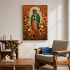 This artwork depicts Our Lady of Guadalupe, also known as the Virgin of Guadalupe, surrounded by vibrant sunflowers and floral elements in a vintage style. The figure is shown with hands clasped in prayer, wearing a teal mantle adorned with stars, set against a warm textured background.