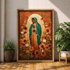 This artwork depicts Our Lady of Guadalupe, also known as the Virgin of Guadalupe, surrounded by vibrant sunflowers and floral elements in a vintage style. The figure is shown with hands clasped in prayer, wearing a teal mantle adorned with stars, set against a warm textured background.