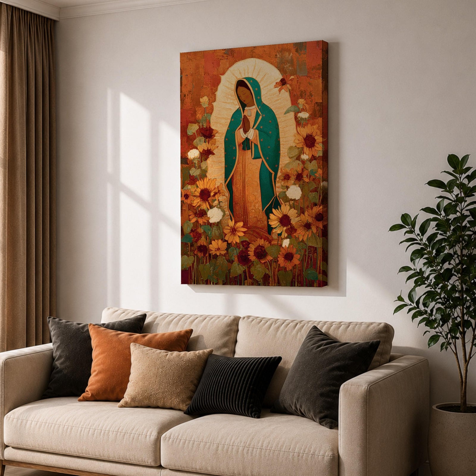 This artwork depicts Our Lady of Guadalupe, also known as the Virgin of Guadalupe, surrounded by vibrant sunflowers and floral elements in a vintage style. The figure is shown with hands clasped in prayer, wearing a teal mantle adorned with stars, set against a warm textured background.