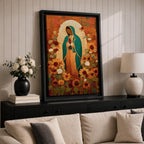 This artwork depicts Our Lady of Guadalupe, also known as the Virgin of Guadalupe, surrounded by vibrant sunflowers and floral elements in a vintage style. The figure is shown with hands clasped in prayer, wearing a teal mantle adorned with stars, set against a warm textured background.
