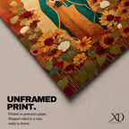 This artwork depicts Our Lady of Guadalupe, also known as the Virgin of Guadalupe, surrounded by vibrant sunflowers and floral elements in a vintage style. The figure is shown with hands clasped in prayer, wearing a teal mantle adorned with stars, set against a warm textured background.