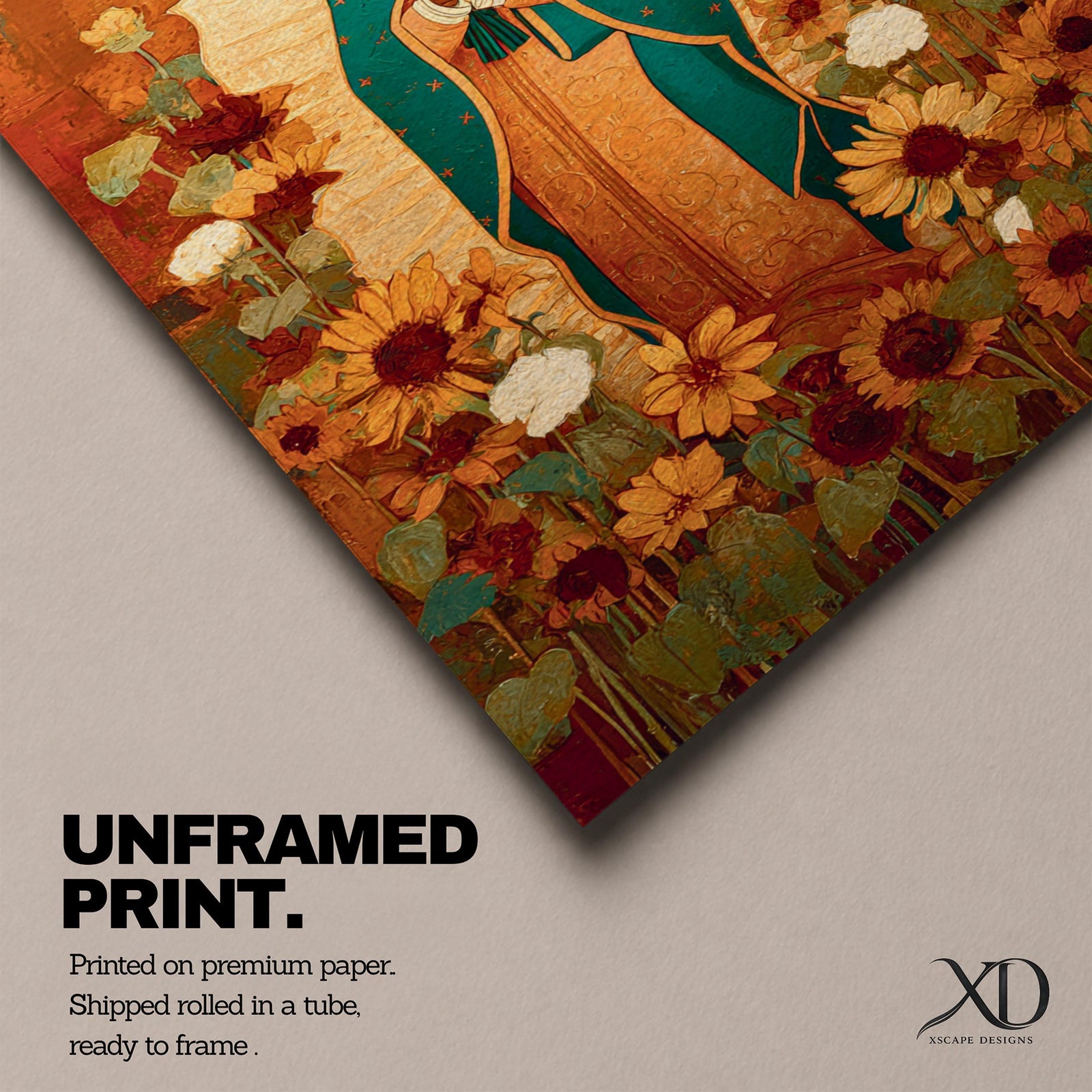 This artwork depicts Our Lady of Guadalupe, also known as the Virgin of Guadalupe, surrounded by vibrant sunflowers and floral elements in a vintage style. The figure is shown with hands clasped in prayer, wearing a teal mantle adorned with stars, set against a warm textured background.
