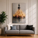 This artwork depicts a detailed impasto-style painting of a crystal chandelier with glowing lights. The textured brushstrokes emphasize the intricate structure and sparkling crystals, creating a luminous and elegant focal point in a cultural art style.