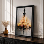 This artwork depicts a detailed impasto-style painting of a crystal chandelier with glowing lights. The textured brushstrokes emphasize the intricate structure and sparkling crystals, creating a luminous and elegant focal point in a cultural art style.