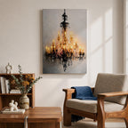 This artwork depicts a detailed impasto-style painting of a crystal chandelier with glowing lights. The textured brushstrokes emphasize the intricate structure and sparkling crystals, creating a luminous and elegant focal point in a cultural art style.