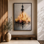This artwork depicts a detailed impasto-style painting of a crystal chandelier with glowing lights. The textured brushstrokes emphasize the intricate structure and sparkling crystals, creating a luminous and elegant focal point in a cultural art style.
