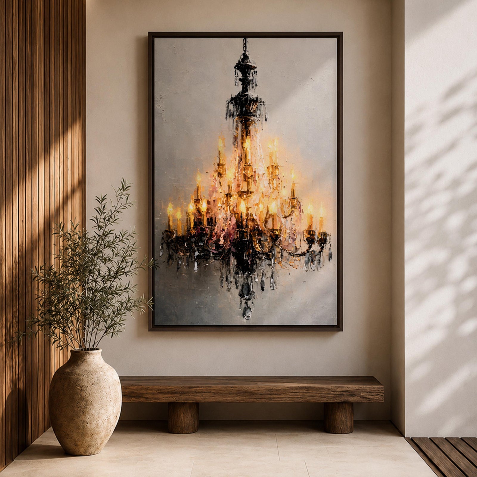 This artwork depicts a detailed impasto-style painting of a crystal chandelier with glowing lights. The textured brushstrokes emphasize the intricate structure and sparkling crystals, creating a luminous and elegant focal point in a cultural art style.