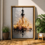 This artwork depicts a detailed impasto-style painting of a crystal chandelier with glowing lights. The textured brushstrokes emphasize the intricate structure and sparkling crystals, creating a luminous and elegant focal point in a cultural art style.