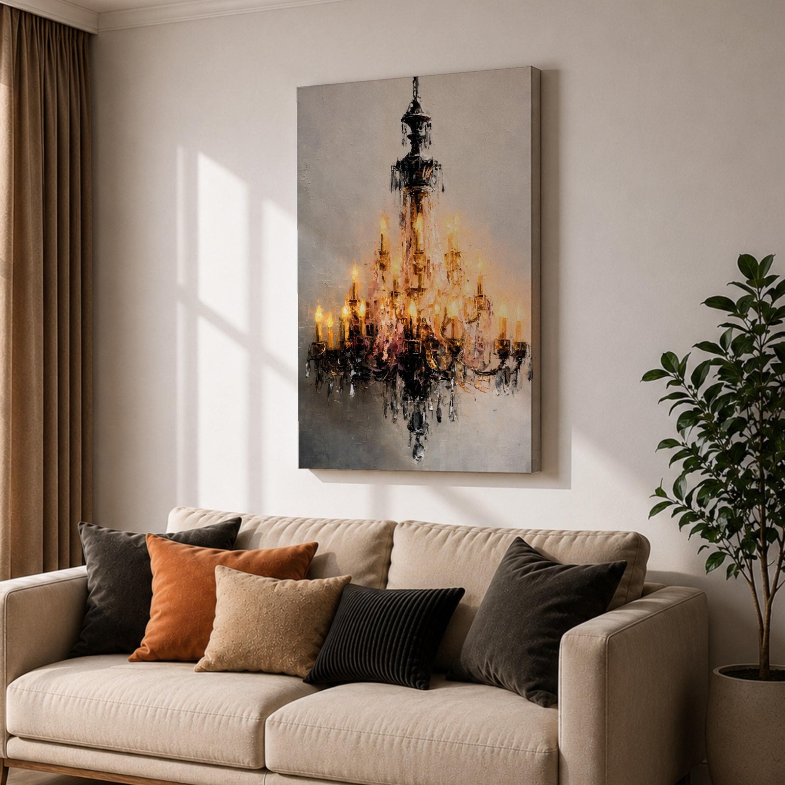 This artwork depicts a detailed impasto-style painting of a crystal chandelier with glowing lights. The textured brushstrokes emphasize the intricate structure and sparkling crystals, creating a luminous and elegant focal point in a cultural art style.