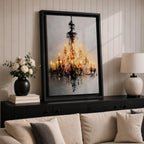 This artwork depicts a detailed impasto-style painting of a crystal chandelier with glowing lights. The textured brushstrokes emphasize the intricate structure and sparkling crystals, creating a luminous and elegant focal point in a cultural art style.