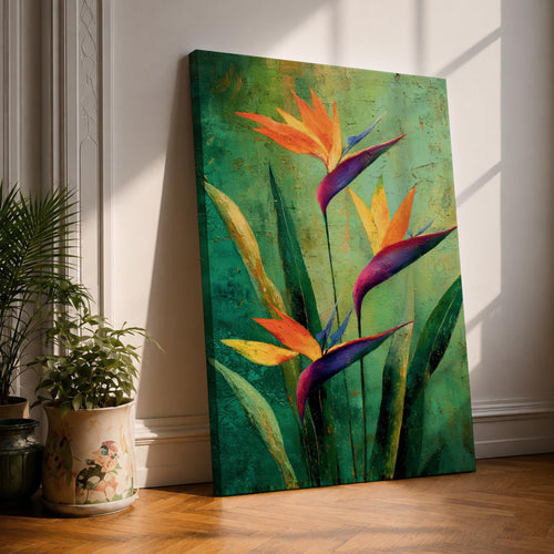 A vibrant painting of Bird of Paradise flowers (Strelitzia) featuring bold orange and purple petals with lush green leaves on a textured green background. The floral composition is realistic with a tropical theme, capturing the exotic beauty of these iconic flowers in a framed canvas style.