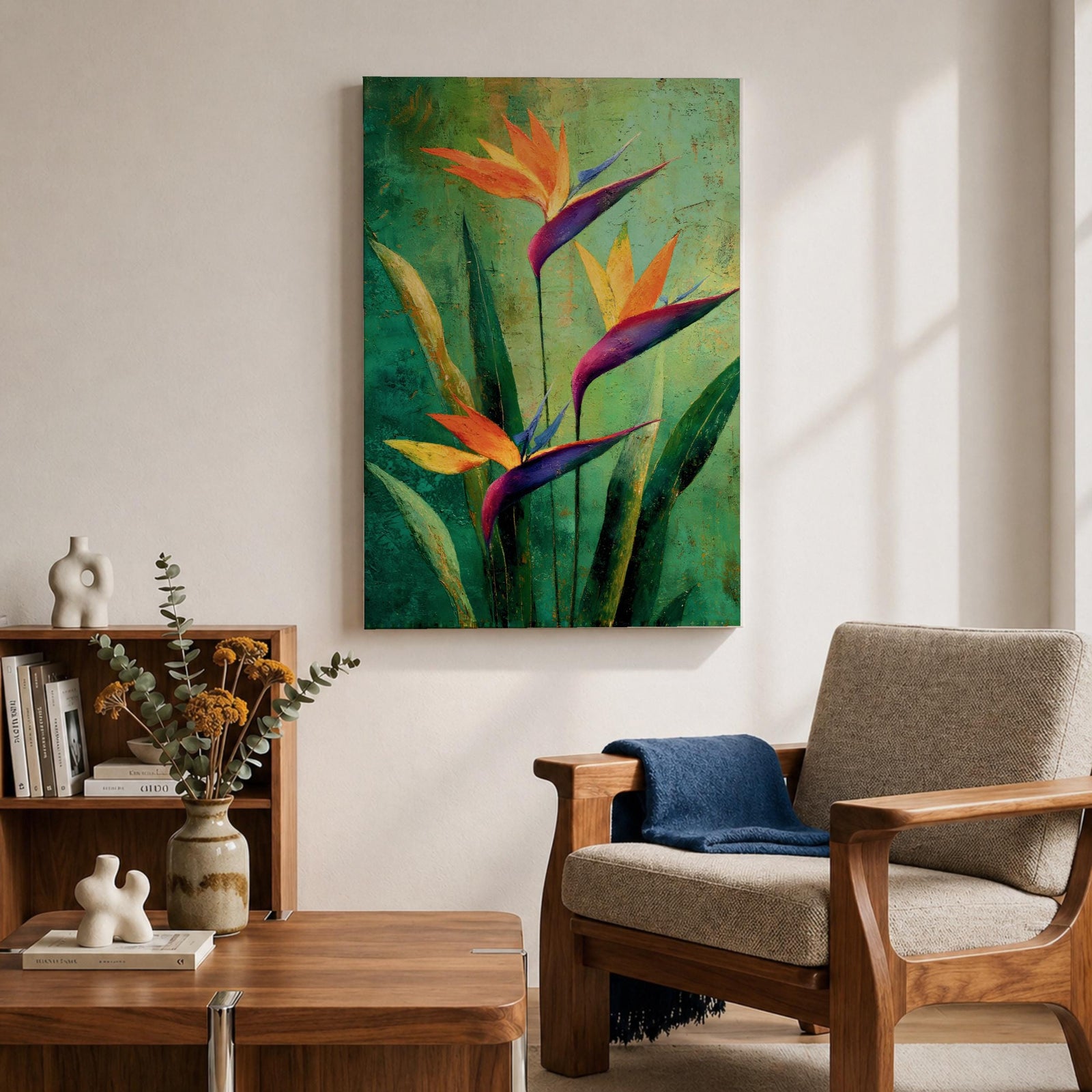 A vibrant painting of Bird of Paradise flowers (Strelitzia) featuring bold orange and purple petals with lush green leaves on a textured green background. The floral composition is realistic with a tropical theme, capturing the exotic beauty of these iconic flowers in a framed canvas style.