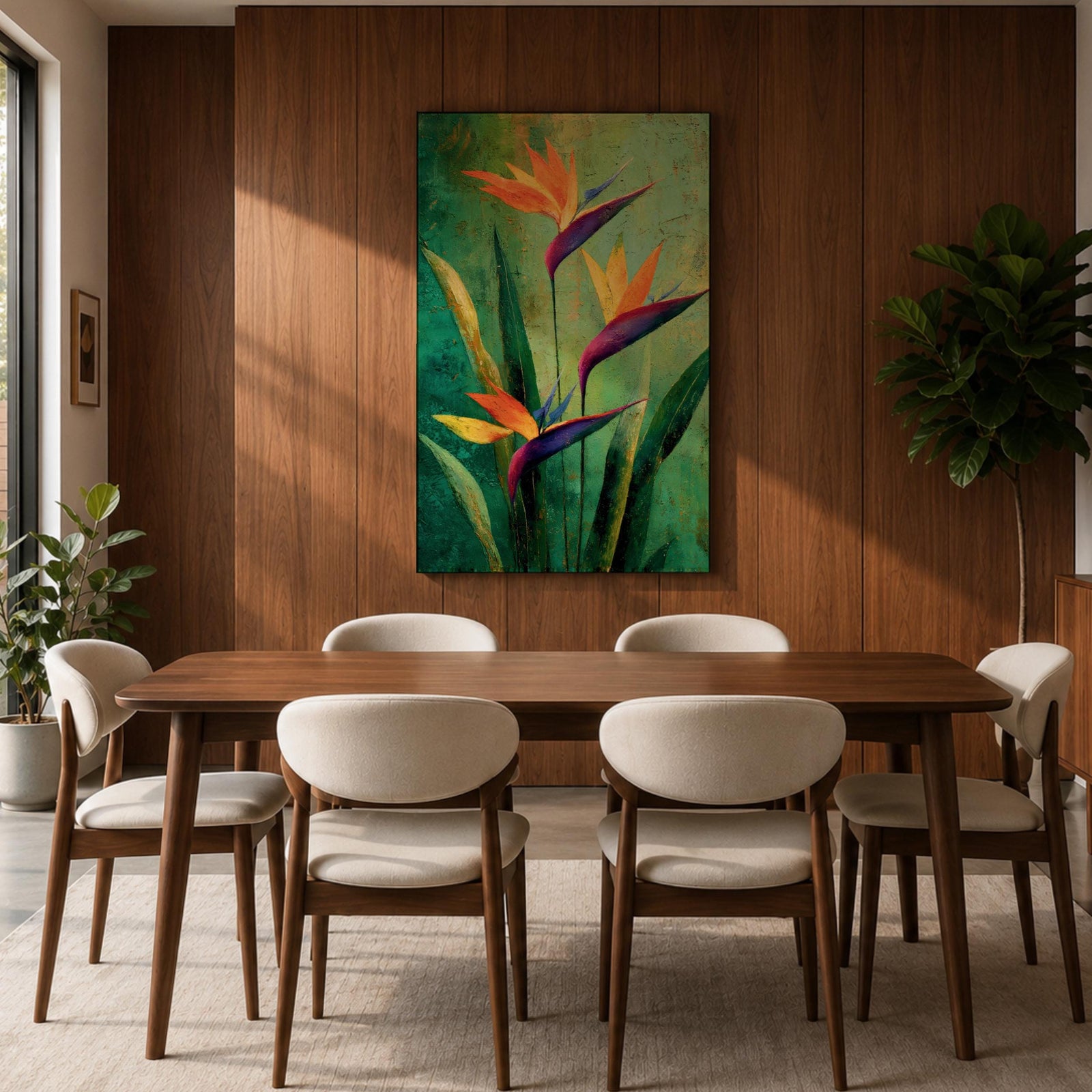 A vibrant painting of Bird of Paradise flowers (Strelitzia) featuring bold orange and purple petals with lush green leaves on a textured green background. The floral composition is realistic with a tropical theme, capturing the exotic beauty of these iconic flowers in a framed canvas style.