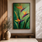 A vibrant painting of Bird of Paradise flowers (Strelitzia) featuring bold orange and purple petals with lush green leaves on a textured green background. The floral composition is realistic with a tropical theme, capturing the exotic beauty of these iconic flowers in a framed canvas style.