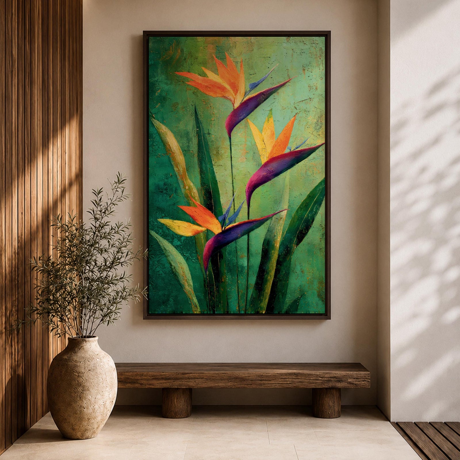 A vibrant painting of Bird of Paradise flowers (Strelitzia) featuring bold orange and purple petals with lush green leaves on a textured green background. The floral composition is realistic with a tropical theme, capturing the exotic beauty of these iconic flowers in a framed canvas style.