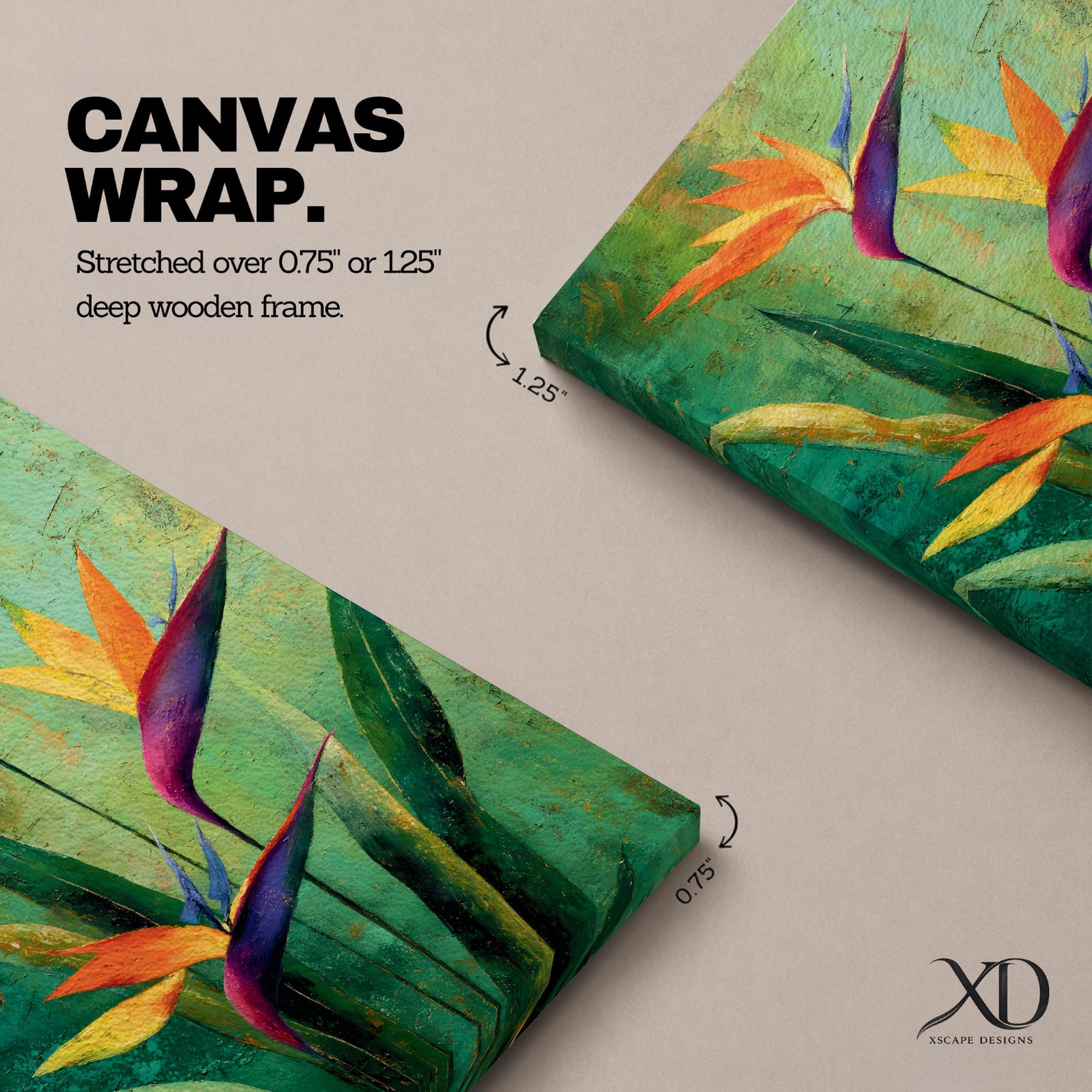 A vibrant painting of Bird of Paradise flowers (Strelitzia) featuring bold orange and purple petals with lush green leaves on a textured green background. The floral composition is realistic with a tropical theme, capturing the exotic beauty of these iconic flowers in a framed canvas style.