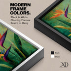 A vibrant painting of Bird of Paradise flowers (Strelitzia) featuring bold orange and purple petals with lush green leaves on a textured green background. The floral composition is realistic with a tropical theme, capturing the exotic beauty of these iconic flowers in a framed canvas style.
