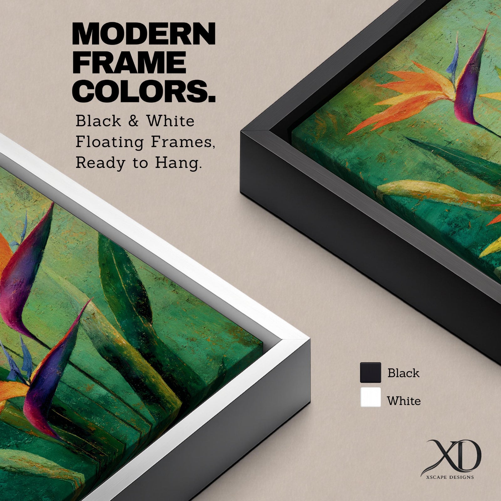 A vibrant painting of Bird of Paradise flowers (Strelitzia) featuring bold orange and purple petals with lush green leaves on a textured green background. The floral composition is realistic with a tropical theme, capturing the exotic beauty of these iconic flowers in a framed canvas style.