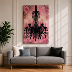 A framed canvas print featuring a detailed black chandelier silhouette with multiple hanging crystals and candle flames, set against a pink floral background with roses, blending ornate lighting design with a soft botanical motif.