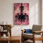 A framed canvas print featuring a detailed black chandelier silhouette with multiple hanging crystals and candle flames, set against a pink floral background with roses, blending ornate lighting design with a soft botanical motif.